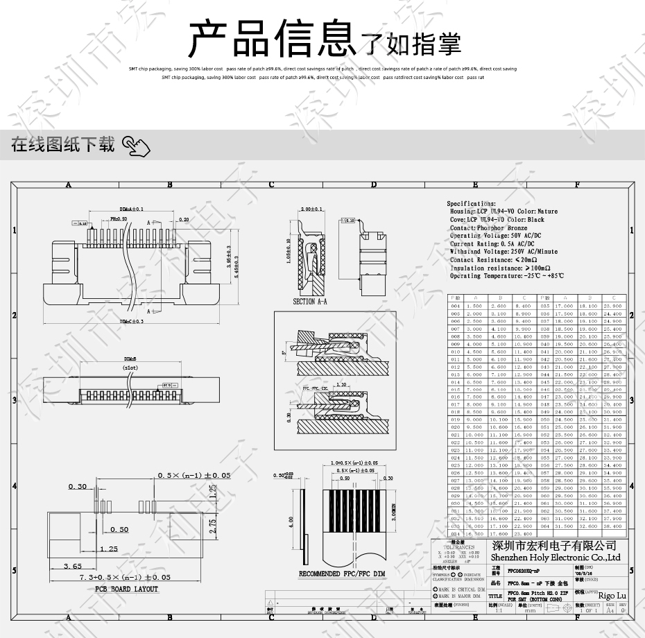 FC/FPC扁平軟排線接插件 大香蕉国产在线视频 0.5-8P立貼拉鎖 抽屜正腳位